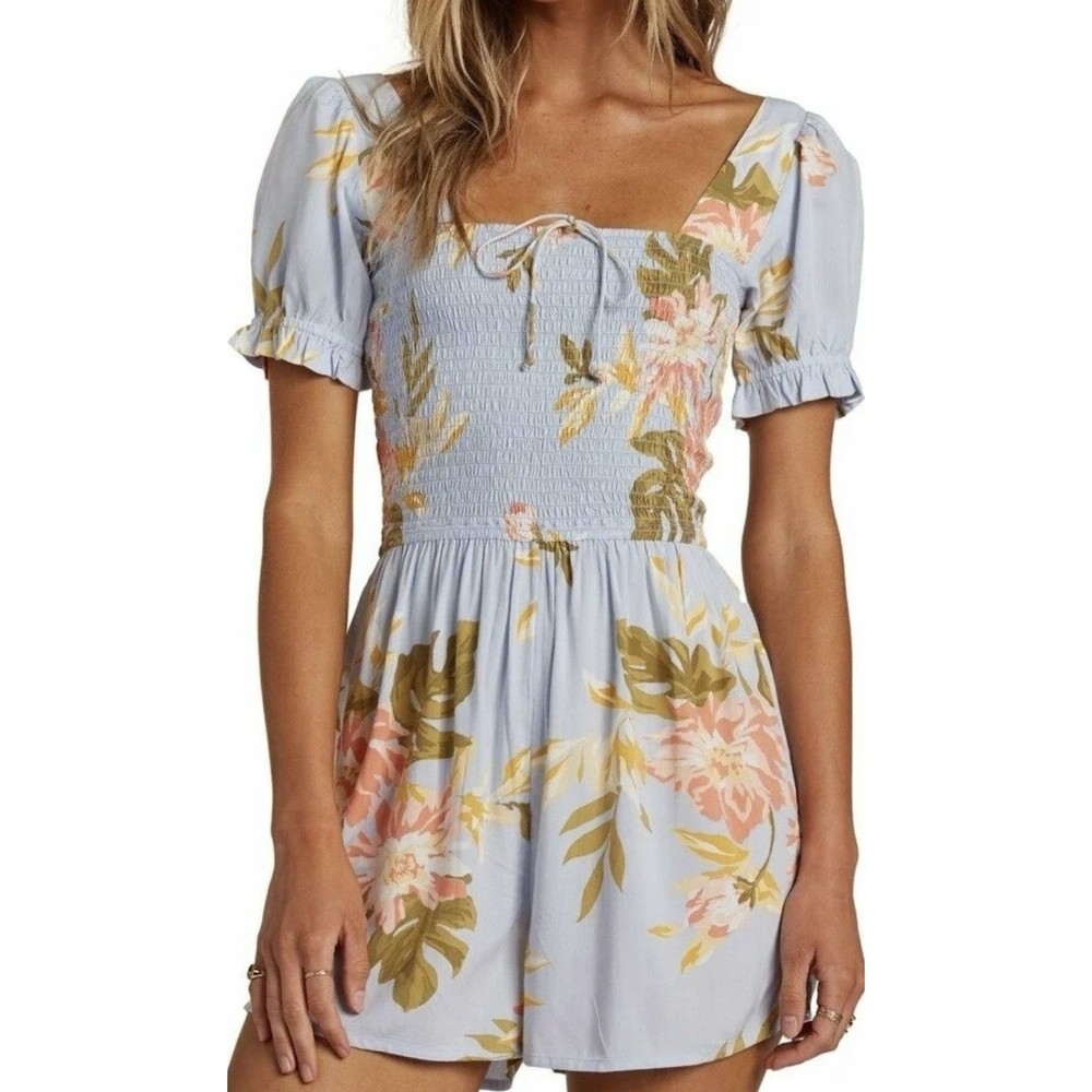Billabong Light Blue Floral Smocked Tie Puff Sleeve Romper M